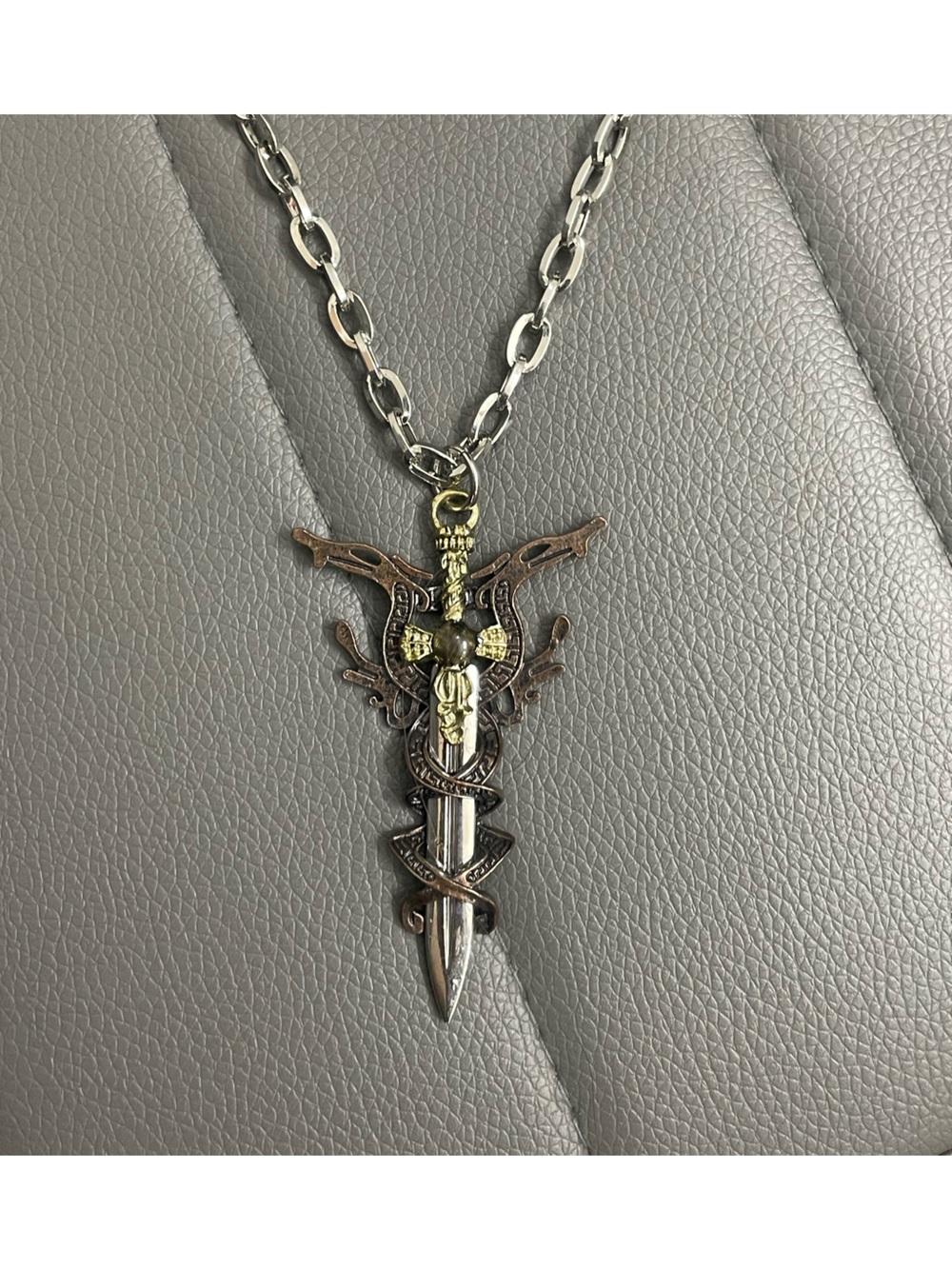 Antique-Style Silver and Bronze Cross Pendant Necklace Sword